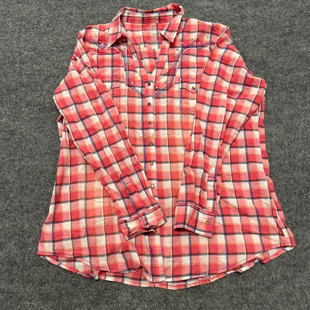 Rock 47 by Wrangler Shirt Womens XXL Pink Plaid Western Embroidered Pearl Snap
